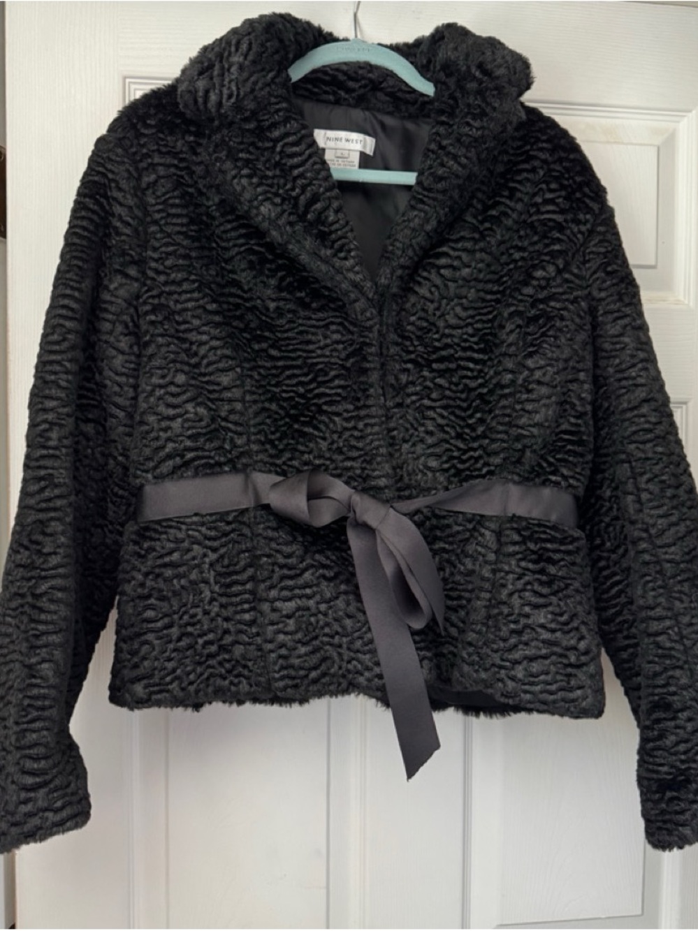 Nine West Black Faux Fur Tie-Waist Teddy Jacket